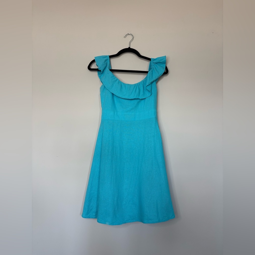 Blue Summer Ruffle Neck Sleeveless Fit & Flare Mini Dress Size S Beachy Vibrant